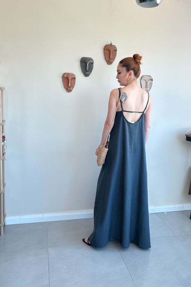 Antrasit Askılı Uzun  Elbise