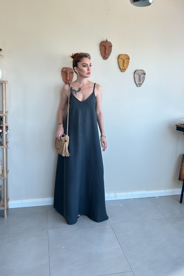 Antrasit Askılı Uzun  Elbise