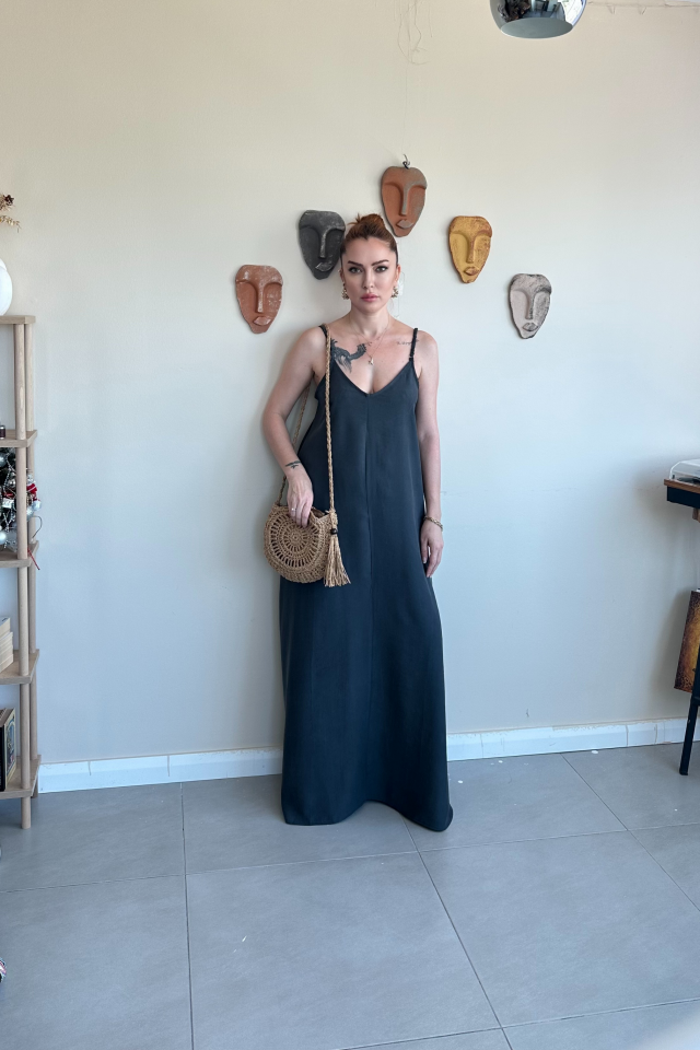 Antrasit Askılı Uzun  Elbise