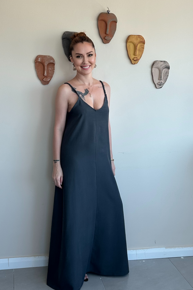 Antrasit Askılı Uzun  Elbise