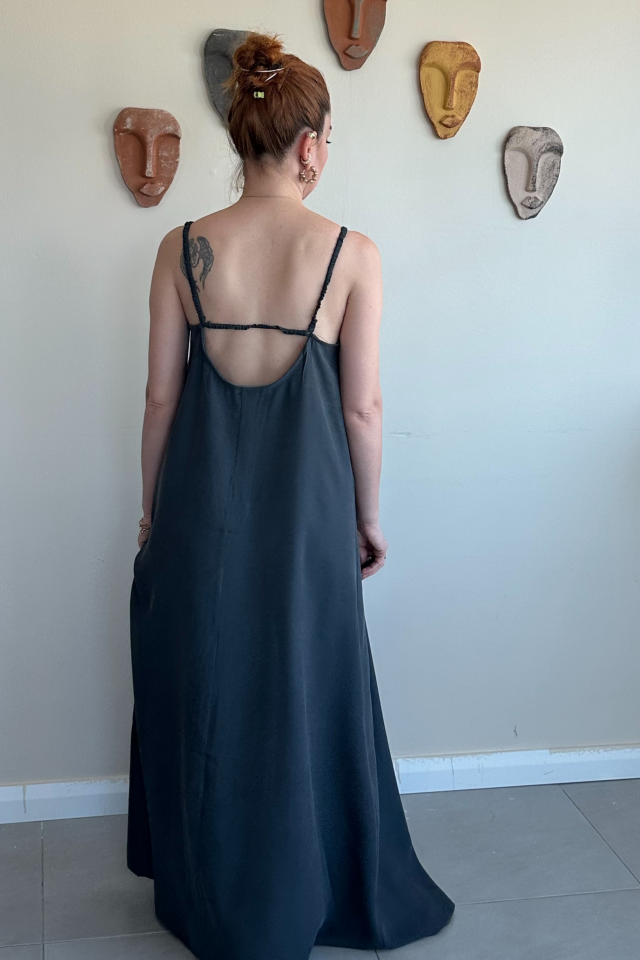 Antrasit Askılı Uzun  Elbise