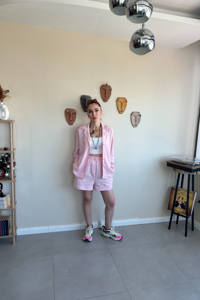 Pembe Keten Şort Gömlek Takım