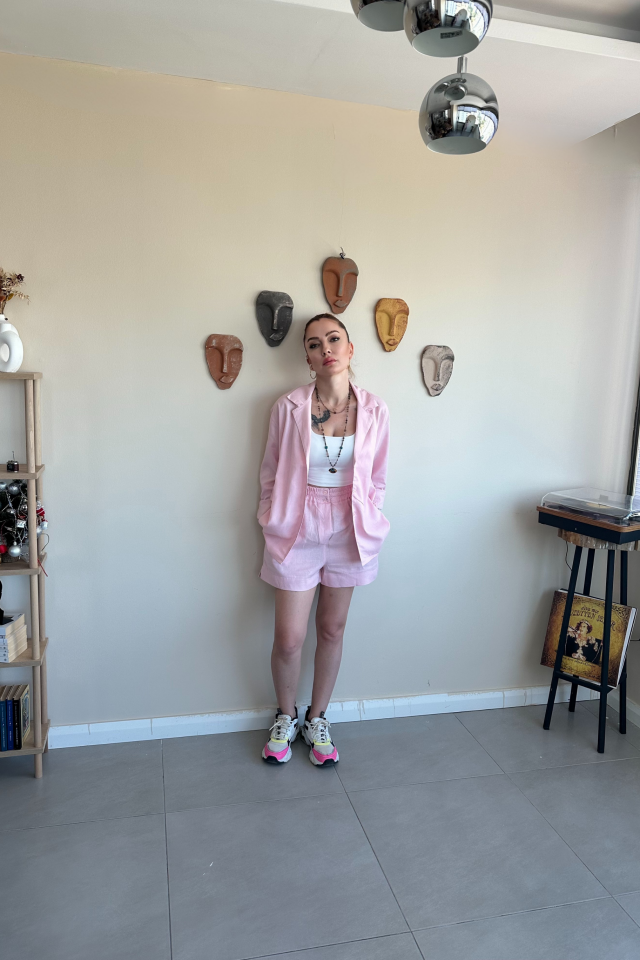 Pembe Keten Şort Gömlek Takım