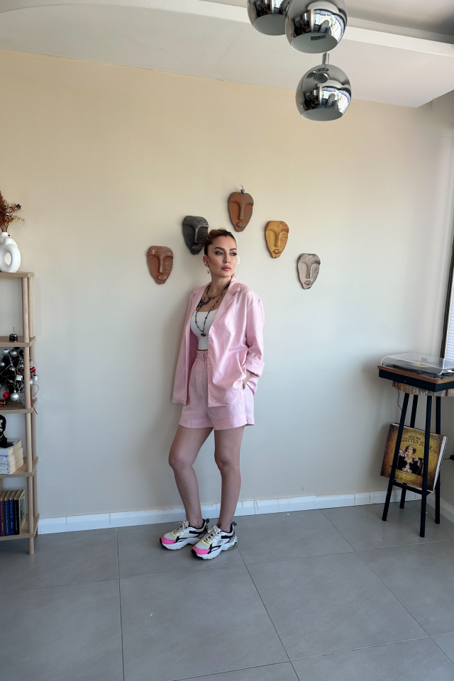 Pembe Keten Şort Gömlek Takım