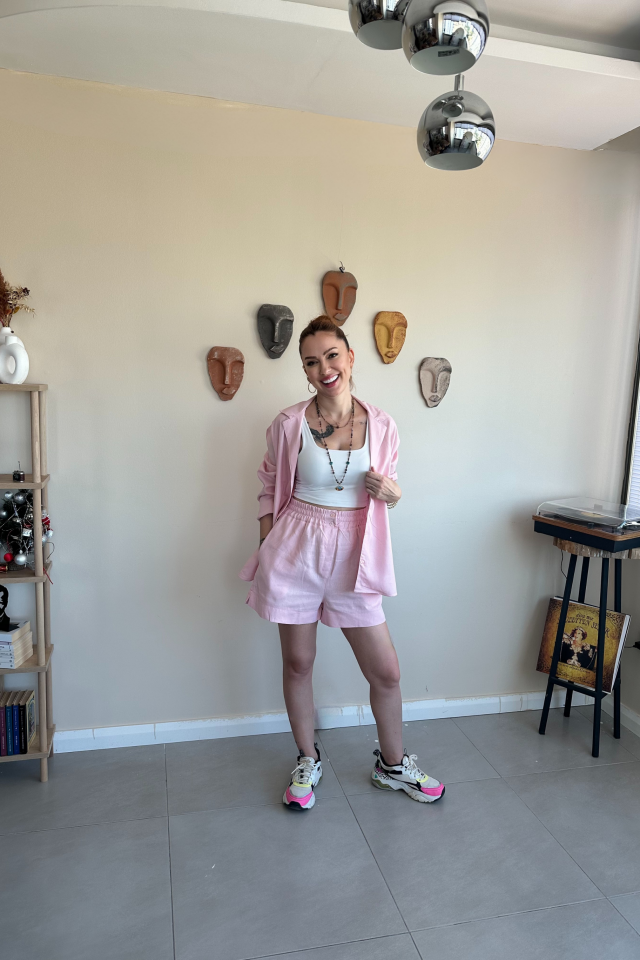 Pembe Keten Şort Gömlek Takım