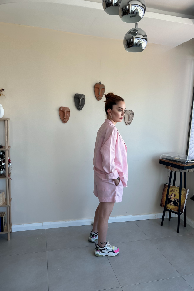 Pembe Keten Şort Gömlek Takım