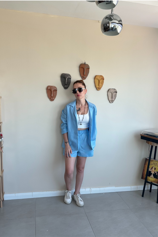 Mavi Keten Şort Gömlek Takım