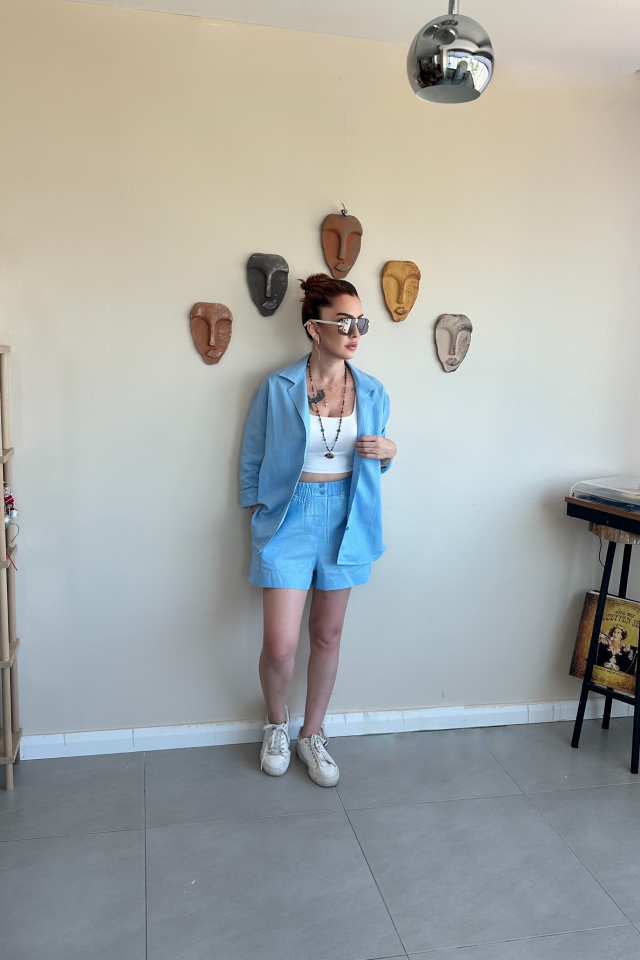Mavi Keten Şort Gömlek Takım