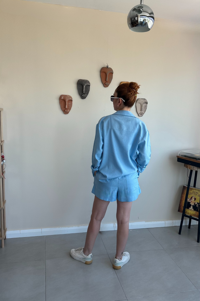 Mavi Keten Şort Gömlek Takım
