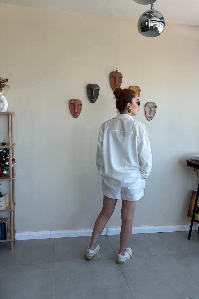 Beyaz Keten Şort Gömlek Takım