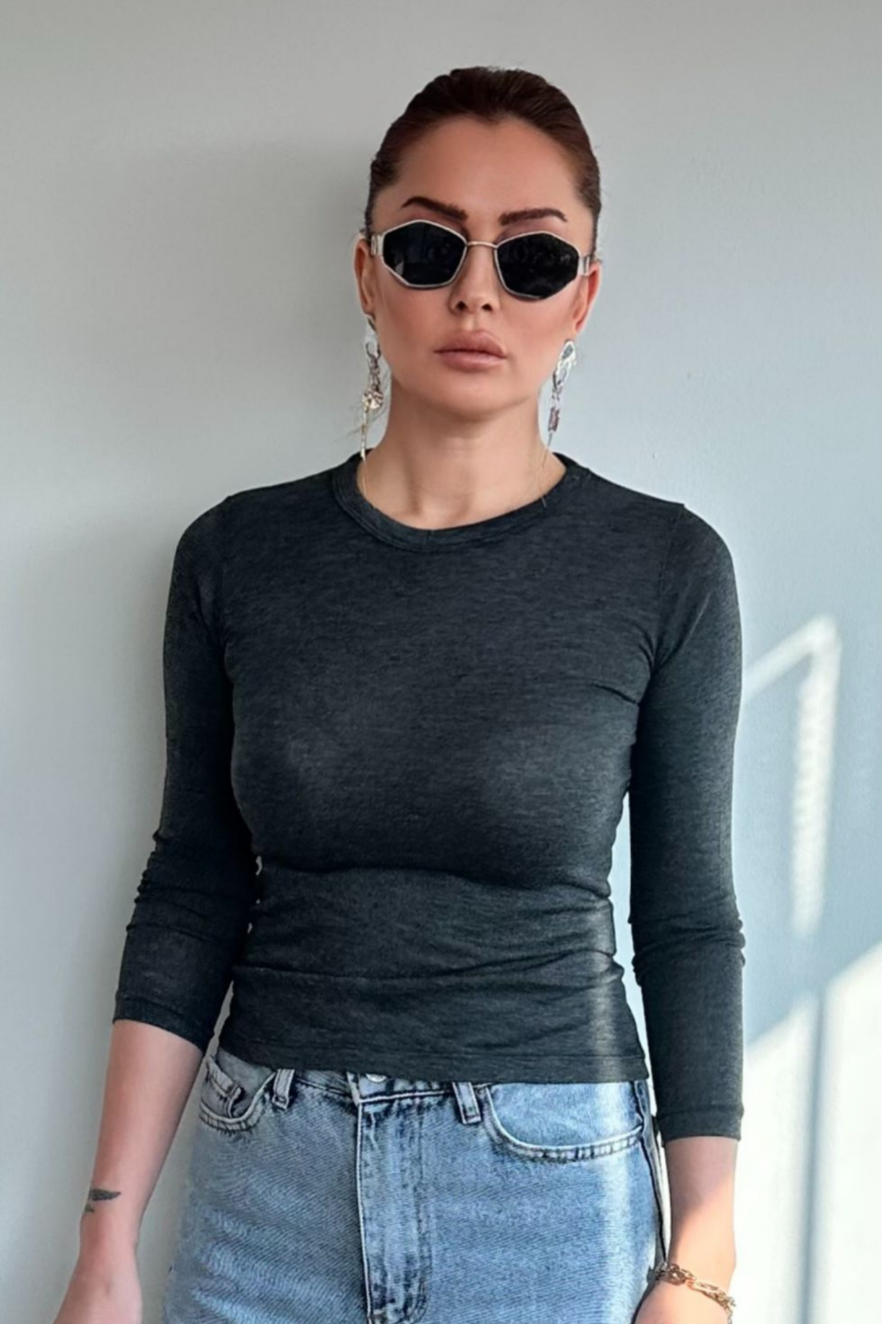 Koyu Gri Transparan Bluz