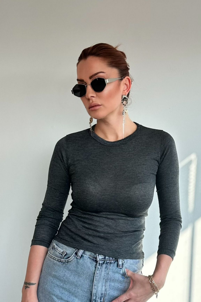 Koyu Gri Transparan Bluz