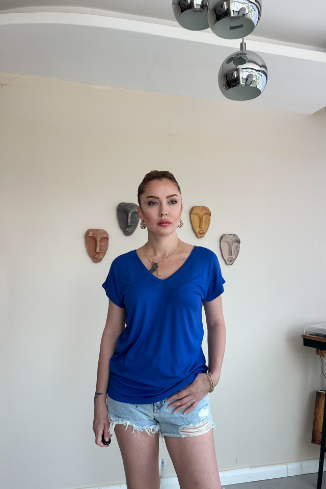 Mavi Ön Arka V Yaka Tshirt