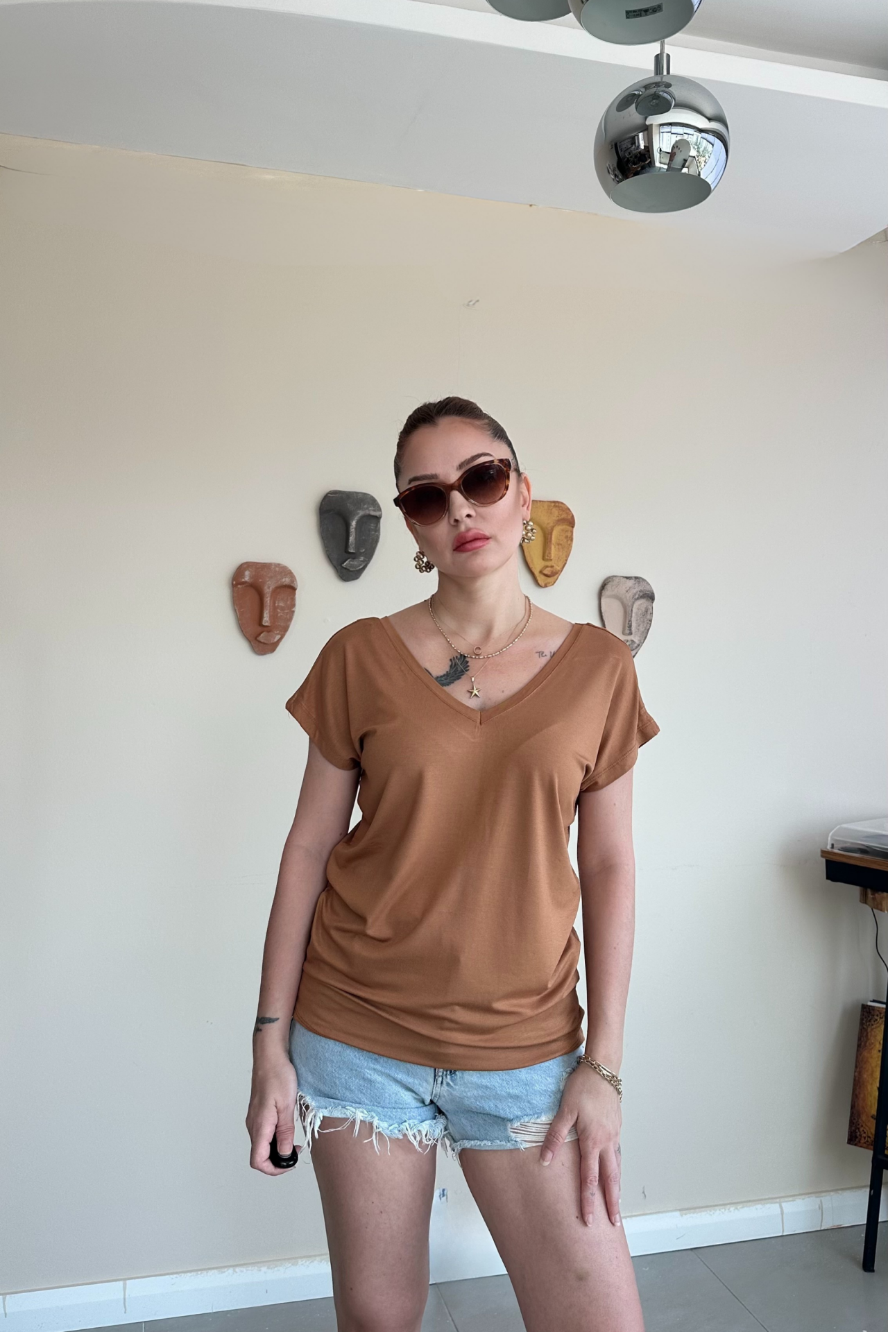 Camel Ön Arka V Yaka Tshirt