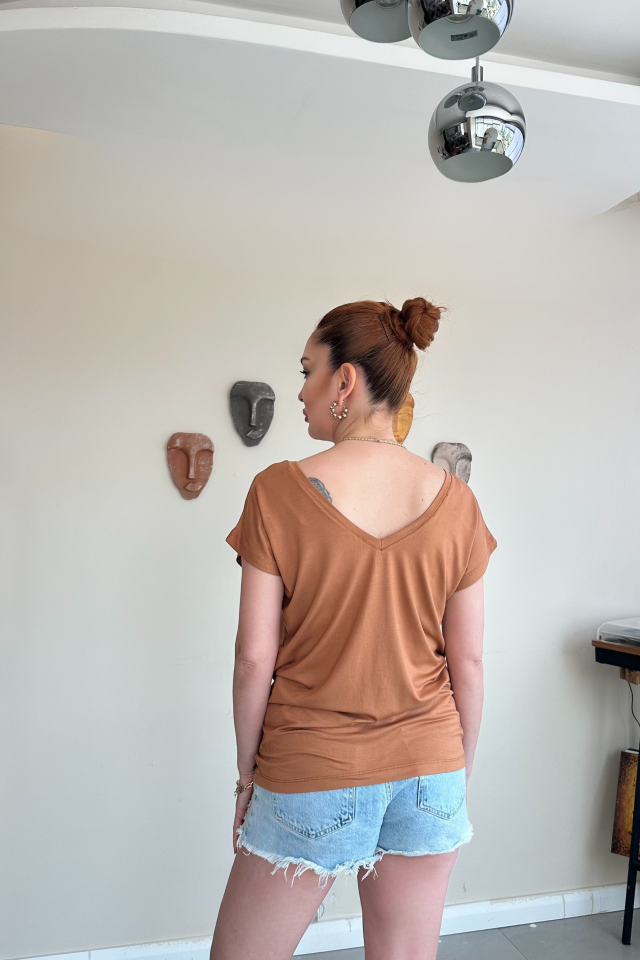 Camel Ön Arka V Yaka Tshirt