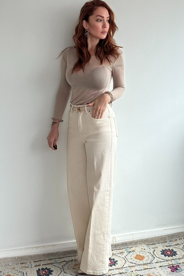 Bej Yüksek Bel Palazzo Jean Pantolon