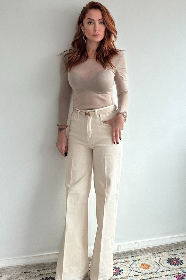 Bej Yüksek Bel Palazzo Jean Pantolon