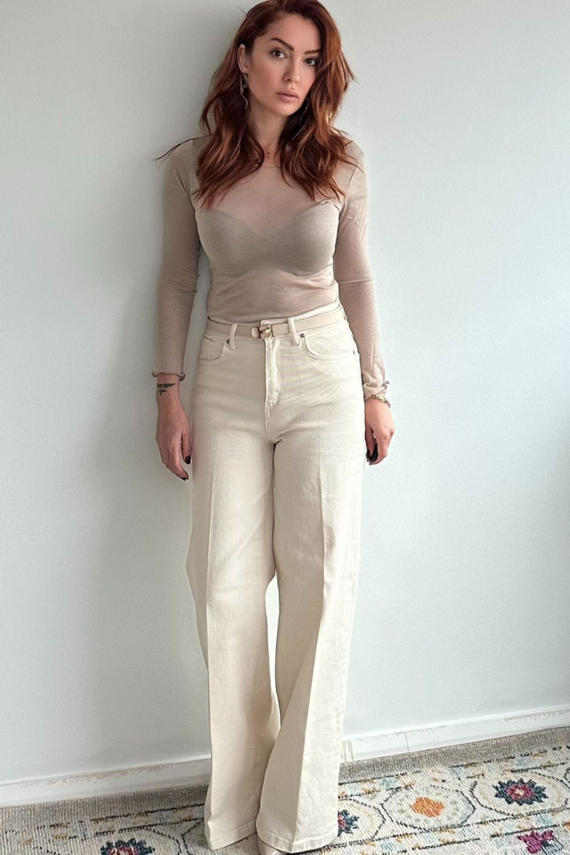 Bej Yüksek Bel Palazzo Jean Pantolon