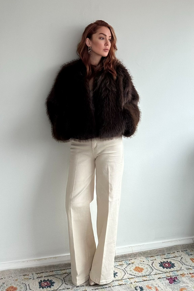 Bej Yüksek Bel Palazzo Jean Pantolon