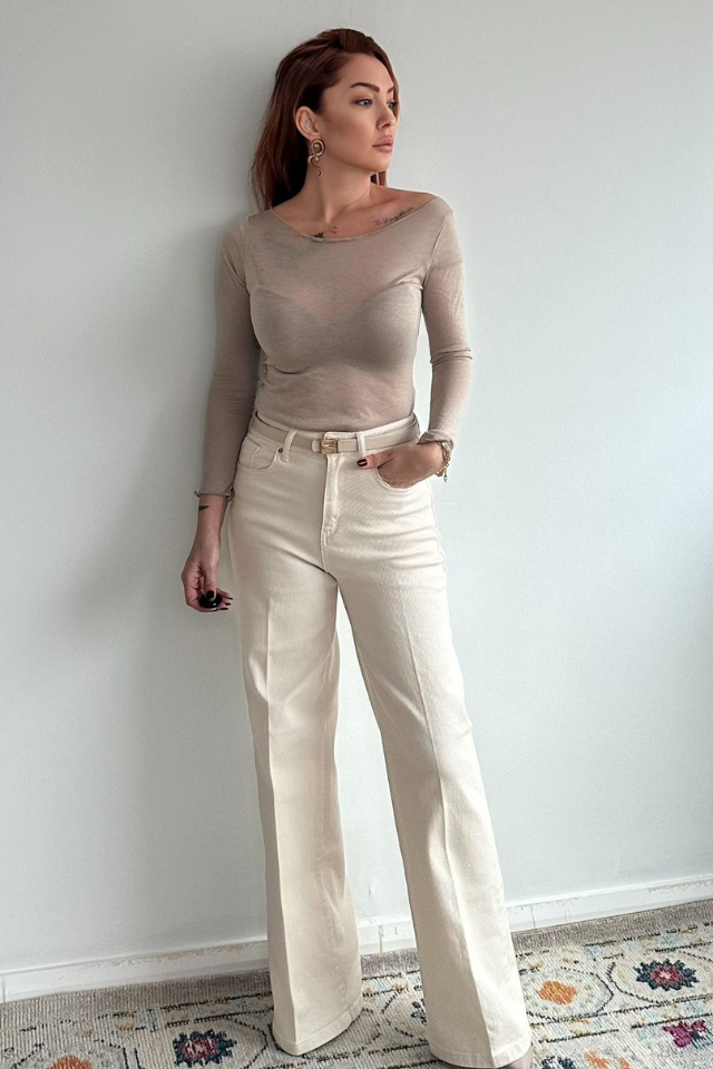 Bej Yüksek Bel Palazzo Jean Pantolon