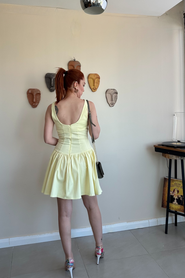 Sarı Volanlı Mini Elbise