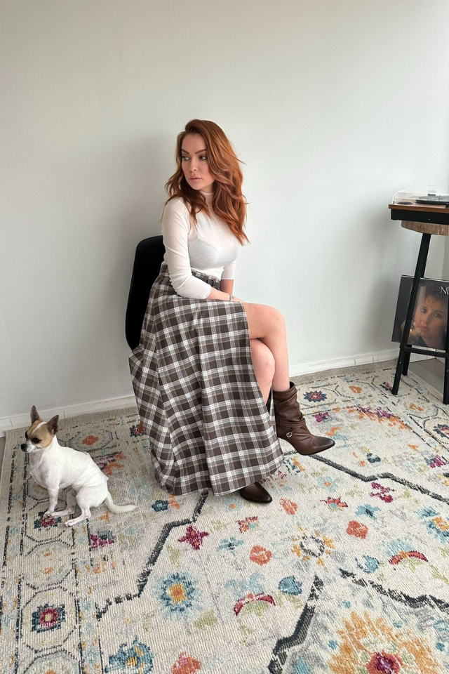 Kemerli Yırtmaçlı Ekoseli Uzun Etek