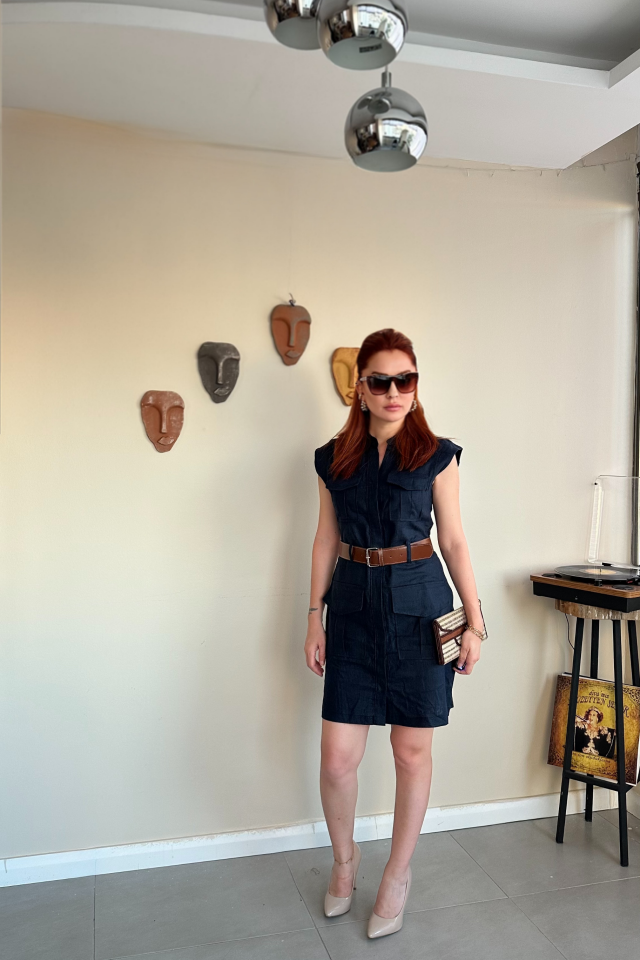 Lacivert Safari Elbise