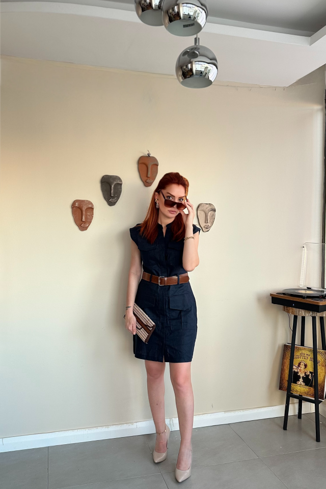 Lacivert Safari Elbise