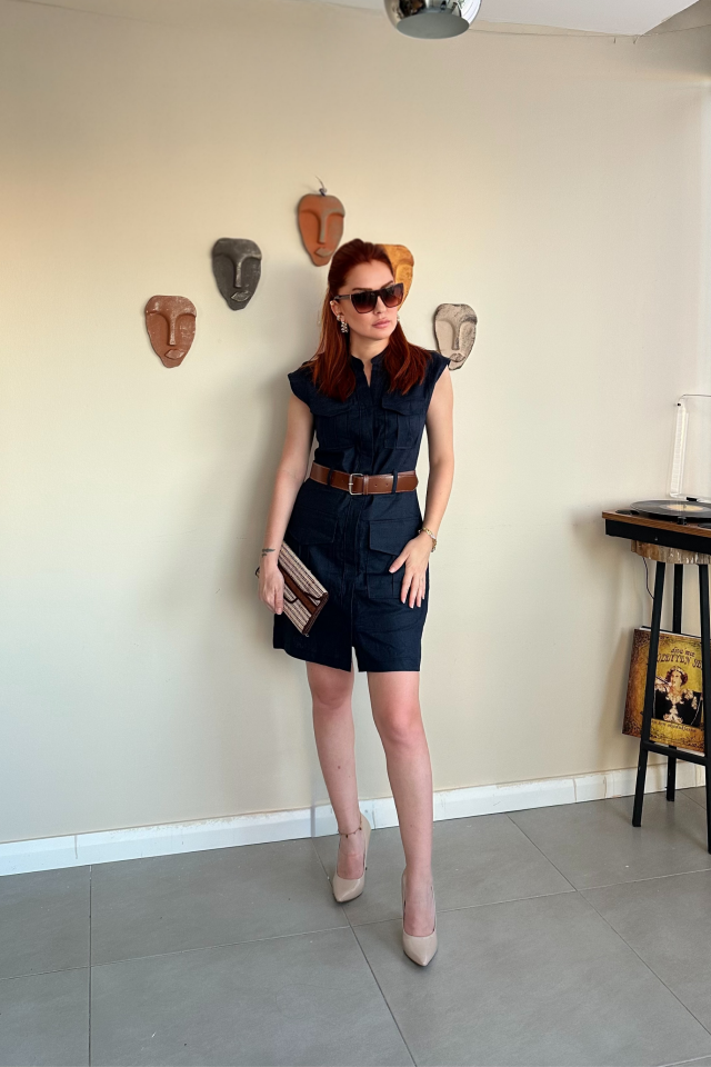 Lacivert Safari Elbise