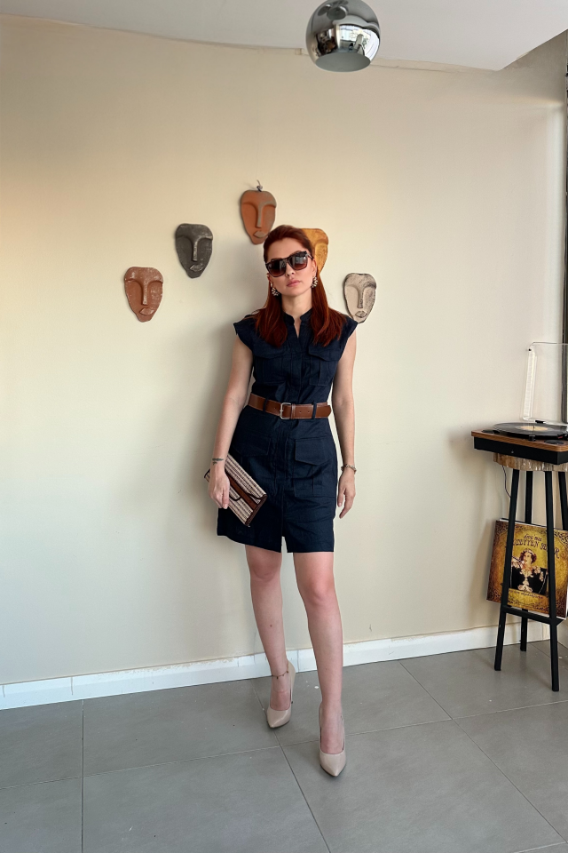 Lacivert Safari Elbise