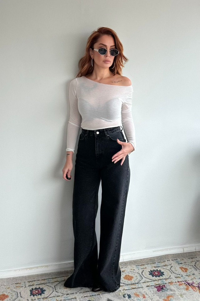 Siyah Taşlı Yüksek Bel Jean Pantolon