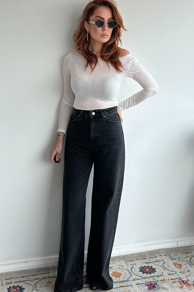 Siyah Taşlı Yüksek Bel Jean Pantolon