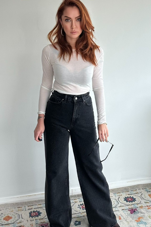 Siyah Taşlı Yüksek Bel Jean Pantolon