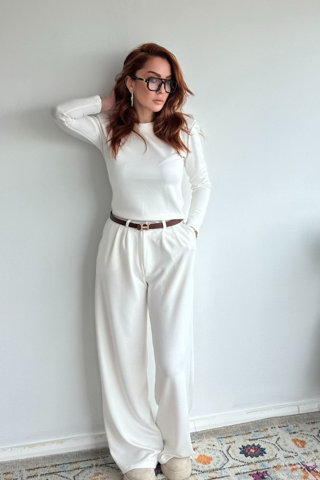 Ekru Vatkalı Bluz Pantolon Takım