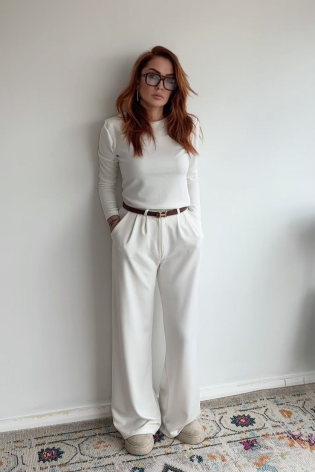 Ekru Vatkalı Bluz Pantolon Takım