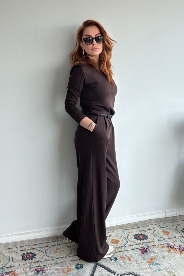 Kahverengi Vatkalı Bluz Pantolon Takım