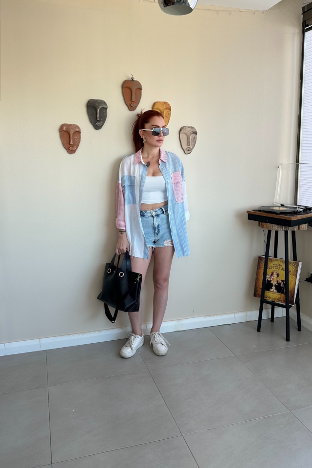 Mavi Pembe Renk Geçişli Çizgili Gömlek