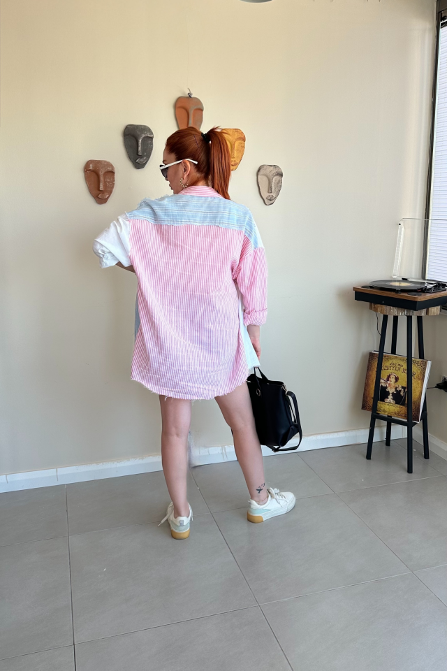 Mavi Pembe Renk Geçişli Çizgili Gömlek