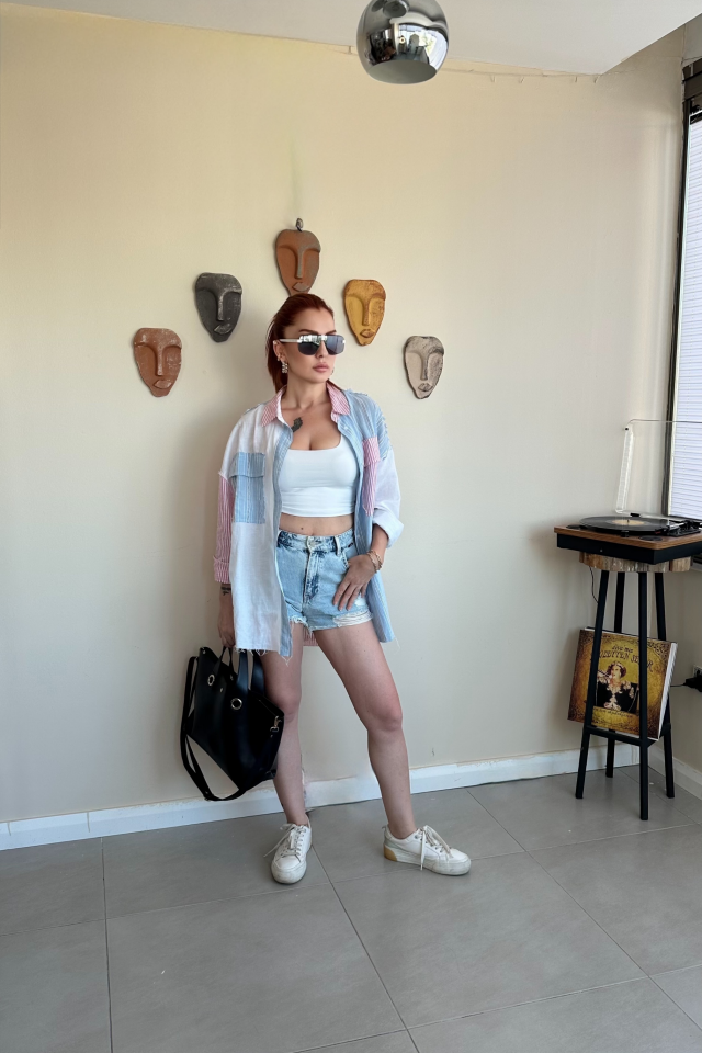 Mavi Pembe Renk Geçişli Çizgili Gömlek