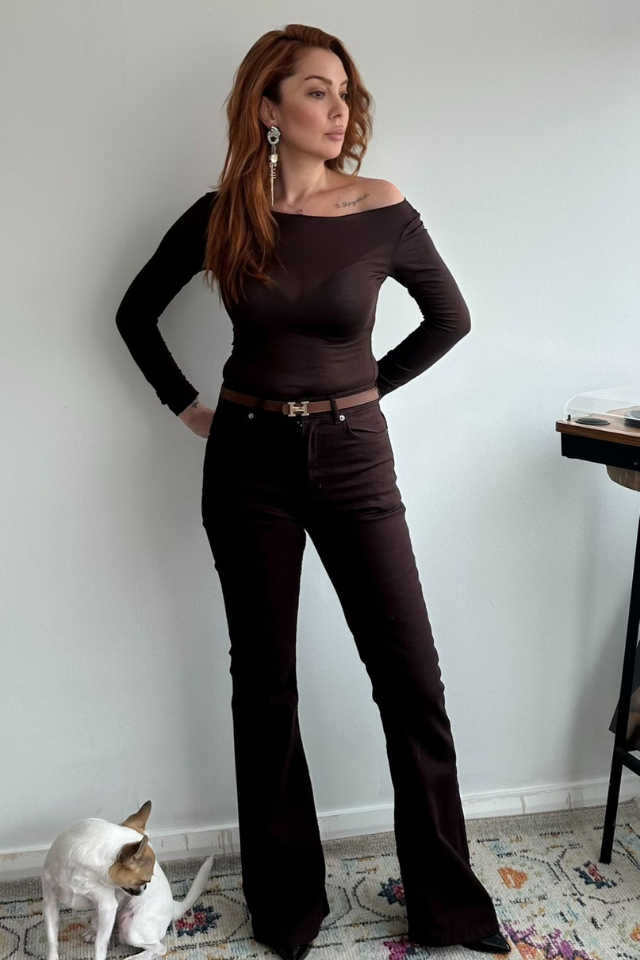 Kahverengi Yüksek Bel İspanyol Paça Jean