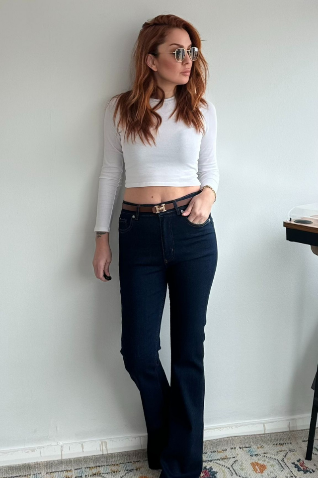 Lacivert Yüksek Bel İspanyol Paça Jean