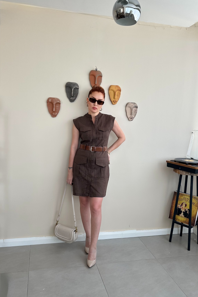 Kahverengi Keten Safari Elbise