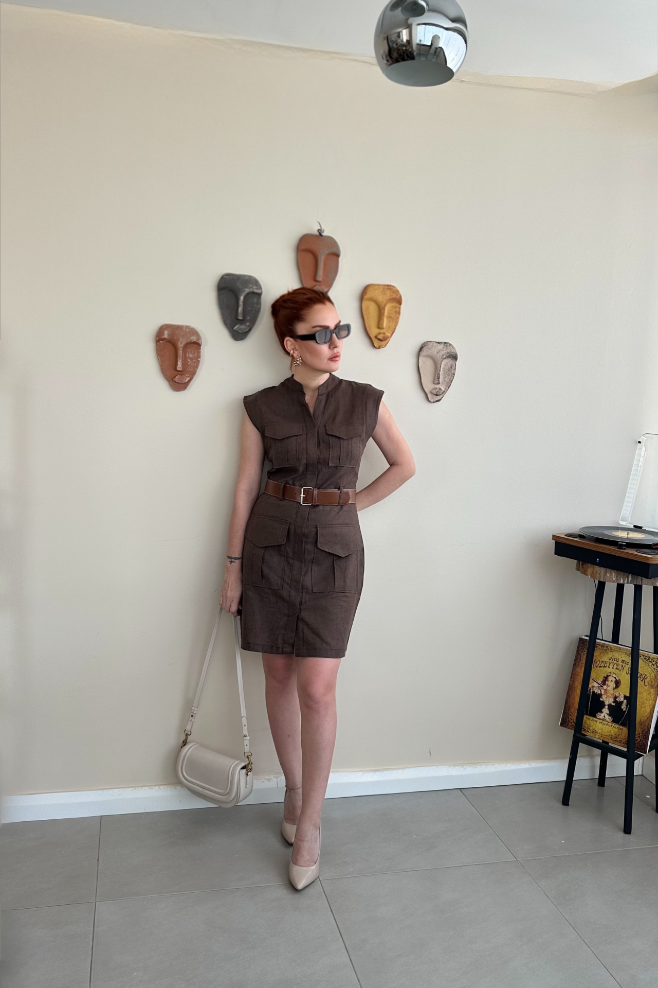 Kahverengi Keten Safari Elbise