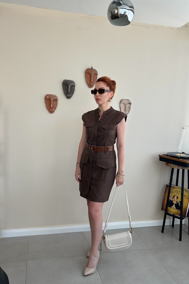 Kahverengi Keten Safari Elbise