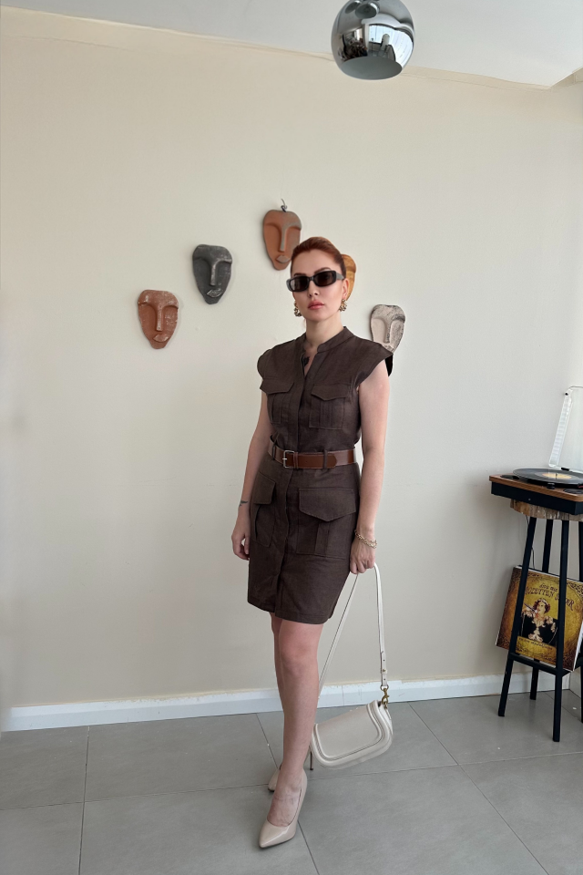 Kahverengi Keten Safari Elbise