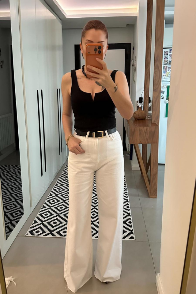 Kemerli Wide Leg Beyaz Jean
