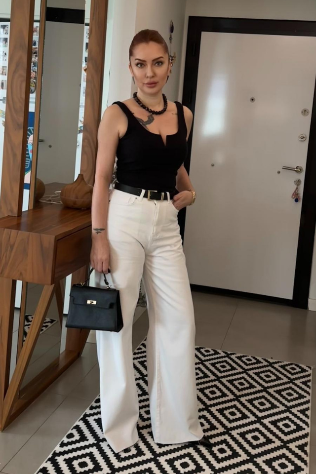 Kemerli Wide Leg Beyaz Jean