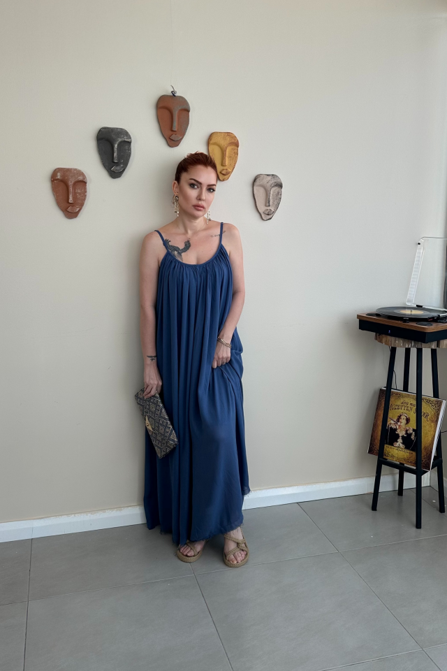 Lacivert Askılı Elbise