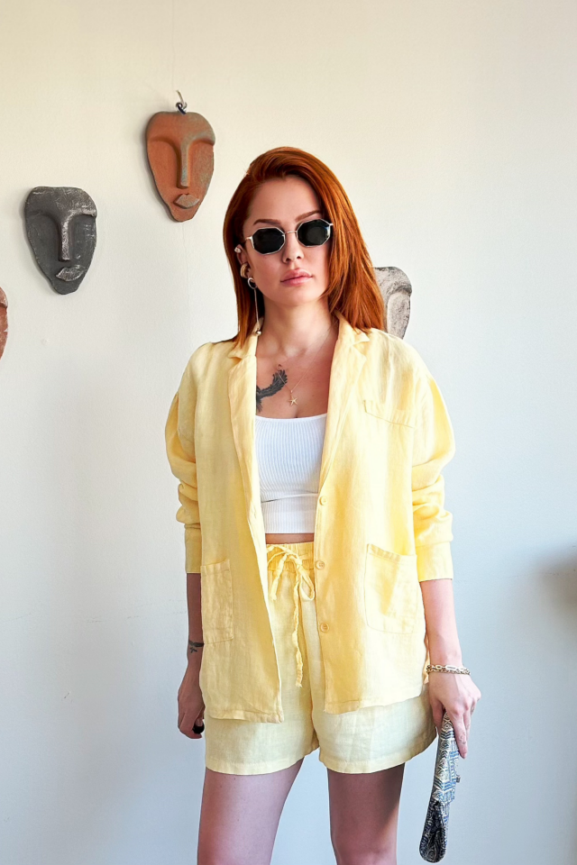 Sarı Cepli Keten Şort Ceket Takım