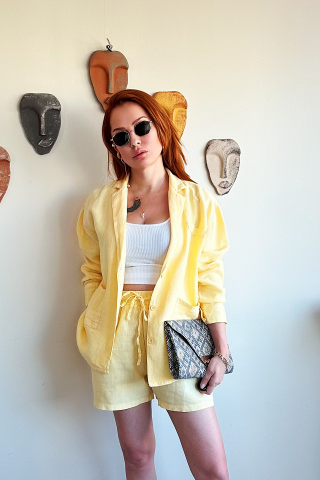 Sarı Cepli Keten Şort Ceket Takım